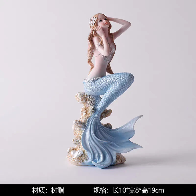 statue sirène résine rose blanche bleue dorée coquillage cheveux ondulés décoration intérieure artificielle