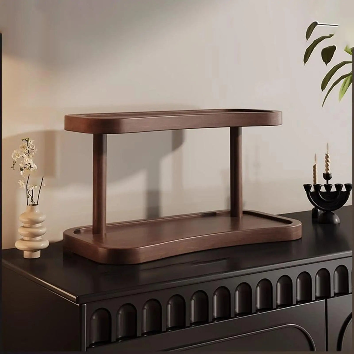 étagère bois deux niveaux moderne marron foncé mat horloge diffuseur huile essentielle pot crème