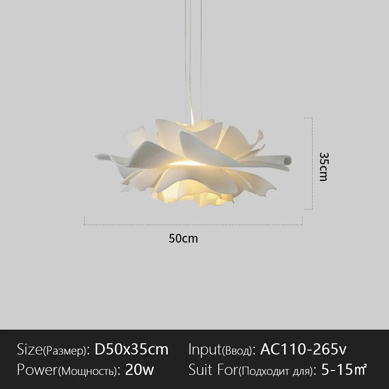 lampe suspendue moderne blanc feuilles ouvertes texture organique salon chambrehôtel