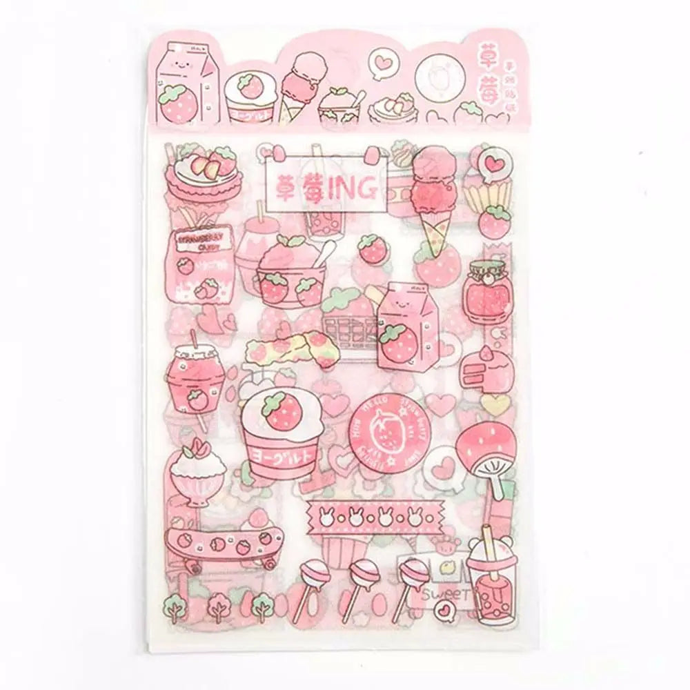 stickers kawaii strawberry transparent rose fraises glaces desserts illustrés pack variété