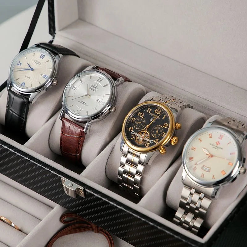 boîte rangement cuir noir montres bijoux élégante boutons fermeture moderne