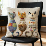 housse coussin bohème trois chats stylisés fond beige texturé coton polyester multicolore deco maison