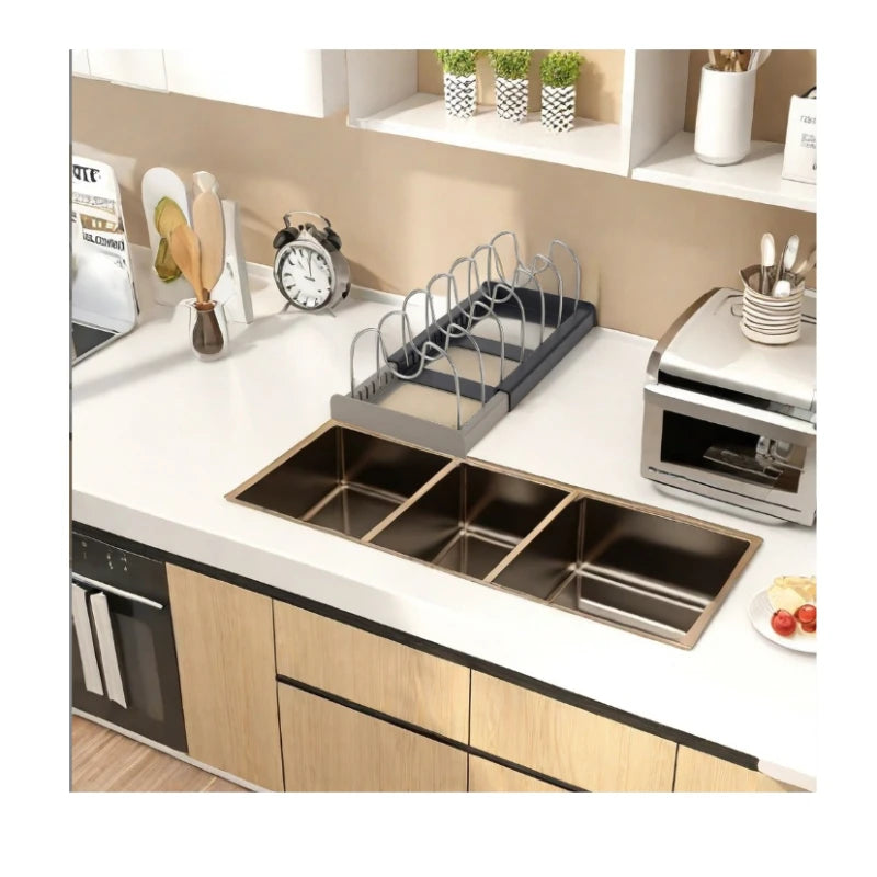 support couvercles casseroles noir gris moderne grille métallique rangement cuisine extensible plateau