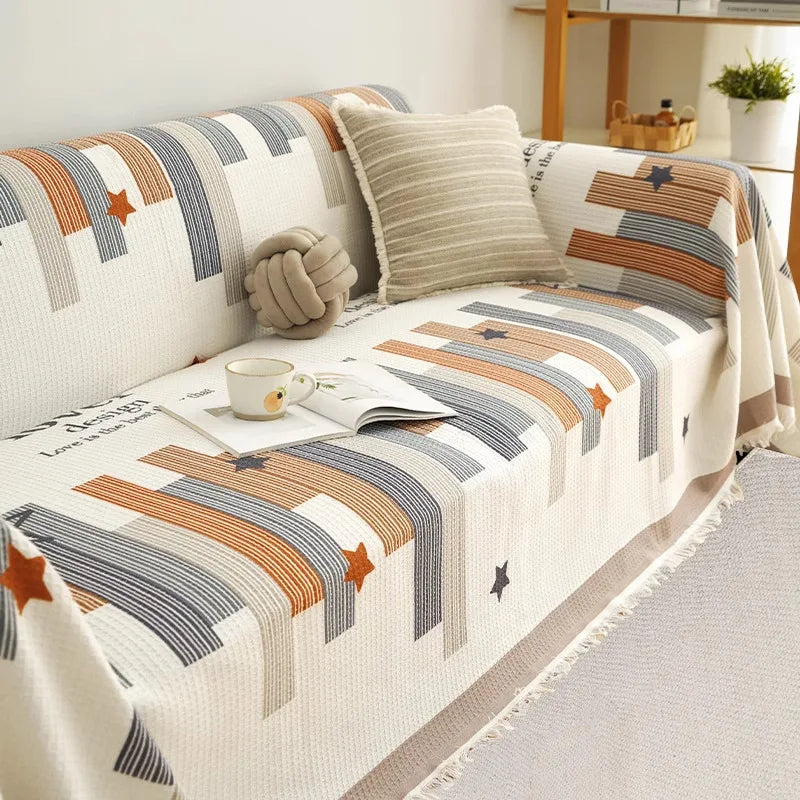 housse canapé grande taille rayures horizontales couverture salon moderne beige gris décorative