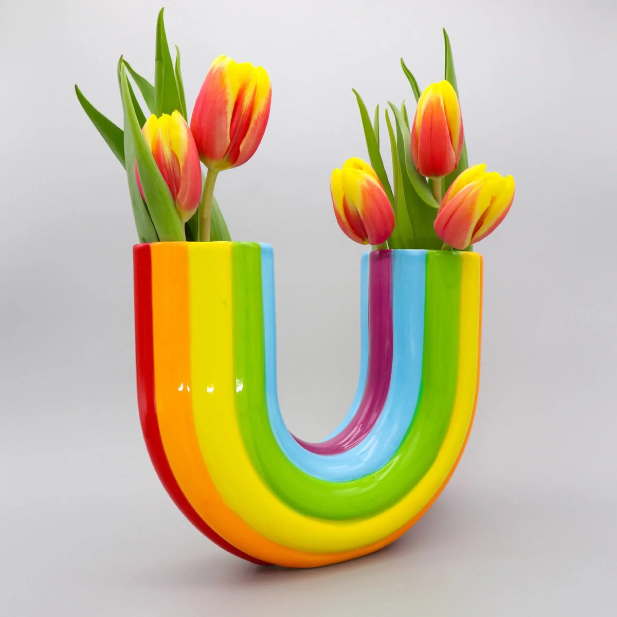 vase arc ciel résine couleurs vives rayures horizontales eucalyptus tulipes décoration moderne
