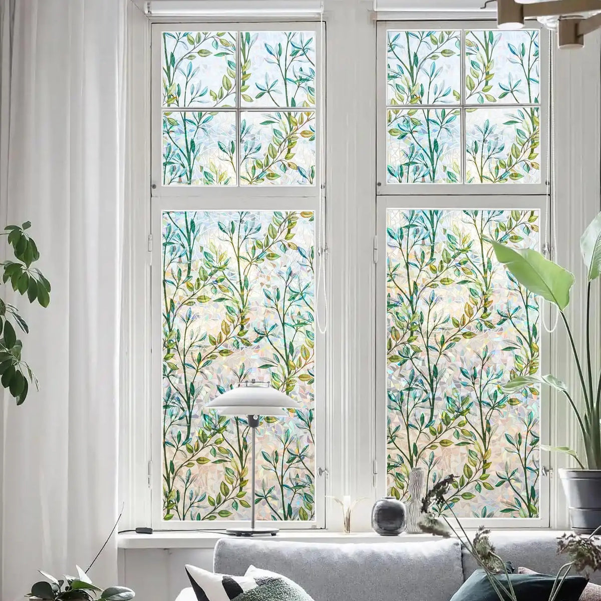 film décoratif fenêtre feuilles vertes motif géométrique moderne protection uv isolation thermique adhésif transparent