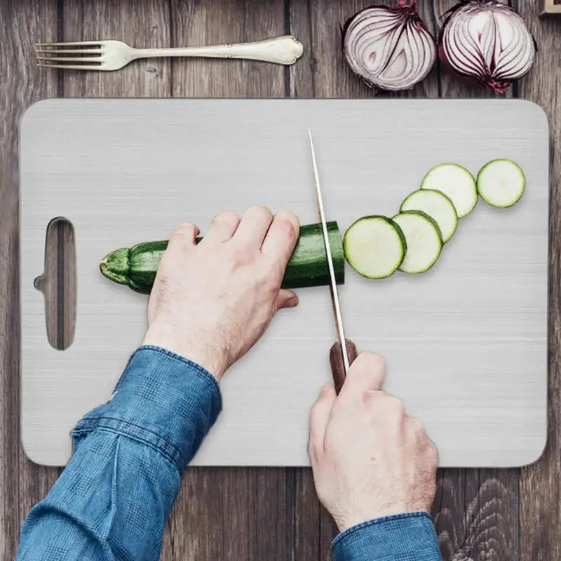 planches découper acier inoxydable double face durable alimentaires moderne poignée intégrée lisse brossée argenté