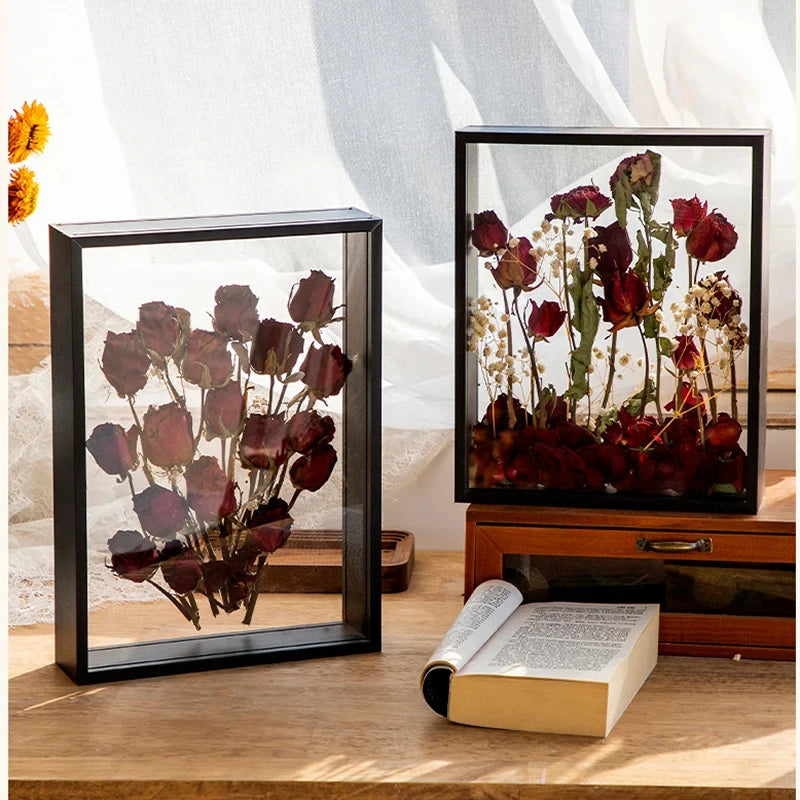 cadre bois moderne fleurs séchées transparent verre beige brun inch đen