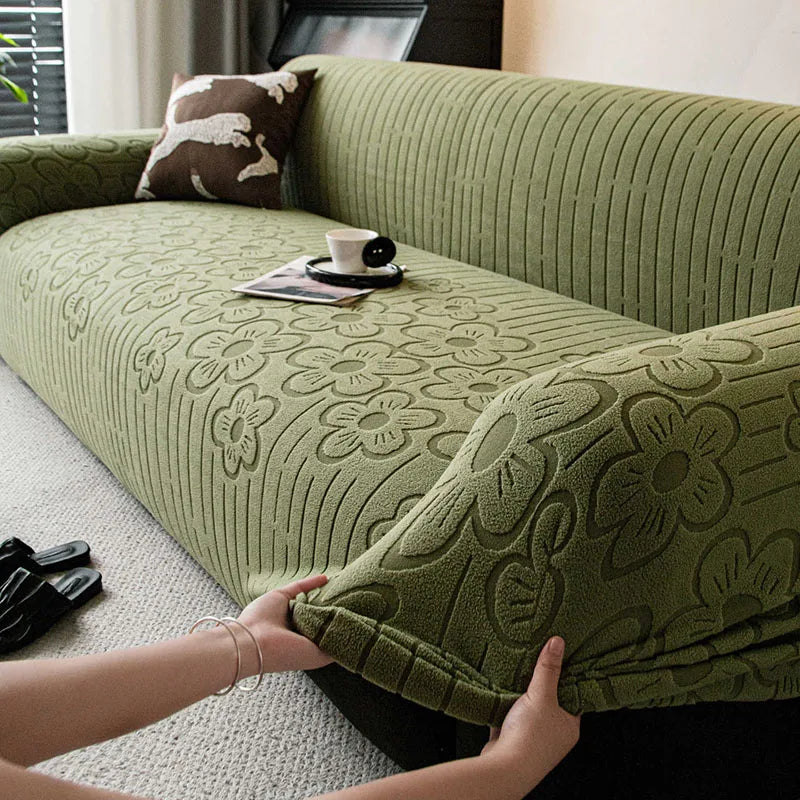 housse canapé vert olive fleurs brodées polaire moderne automne hiver tissu polyestère machine lavable