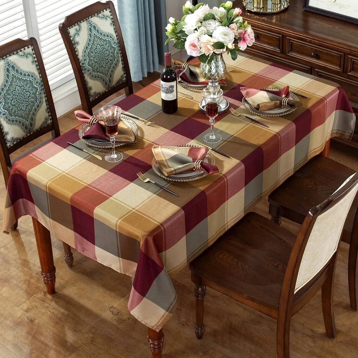 nappe table rectangulaire imperméable motif carreaux polyester cuisine maison jardin fête classique