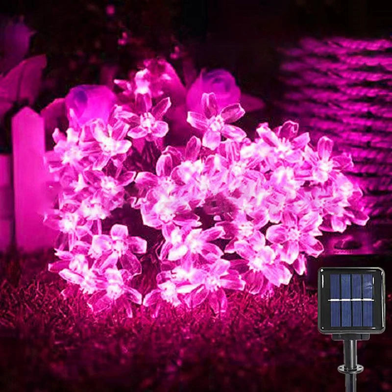 guirlande lumineuse solaire fleurs violettes décoration jardin extérieur étanche tringle boîte rangement