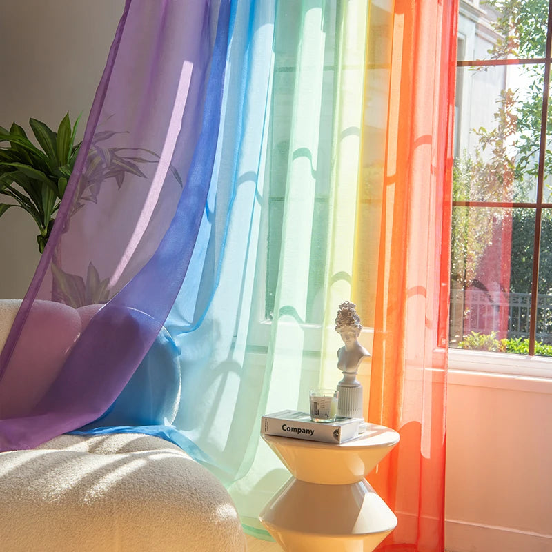 rideau moderne rayures arc ciel transparent polyester bleu vert jaune rouge violet élastique salon