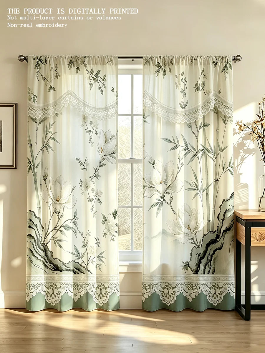 rideau imprimé fleurs feuilles dentelle semi transparent classique romantique salon anneaux métalliques polyester