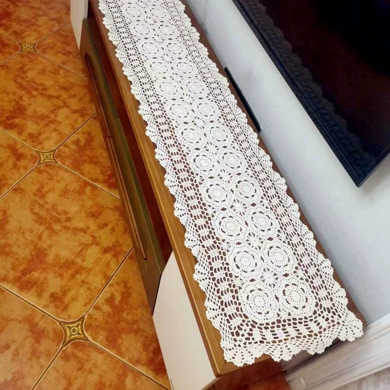 nappe dentelle fleur coton blanc cassé motif floral texture ajourée vintage rustique 140cm farmhouse