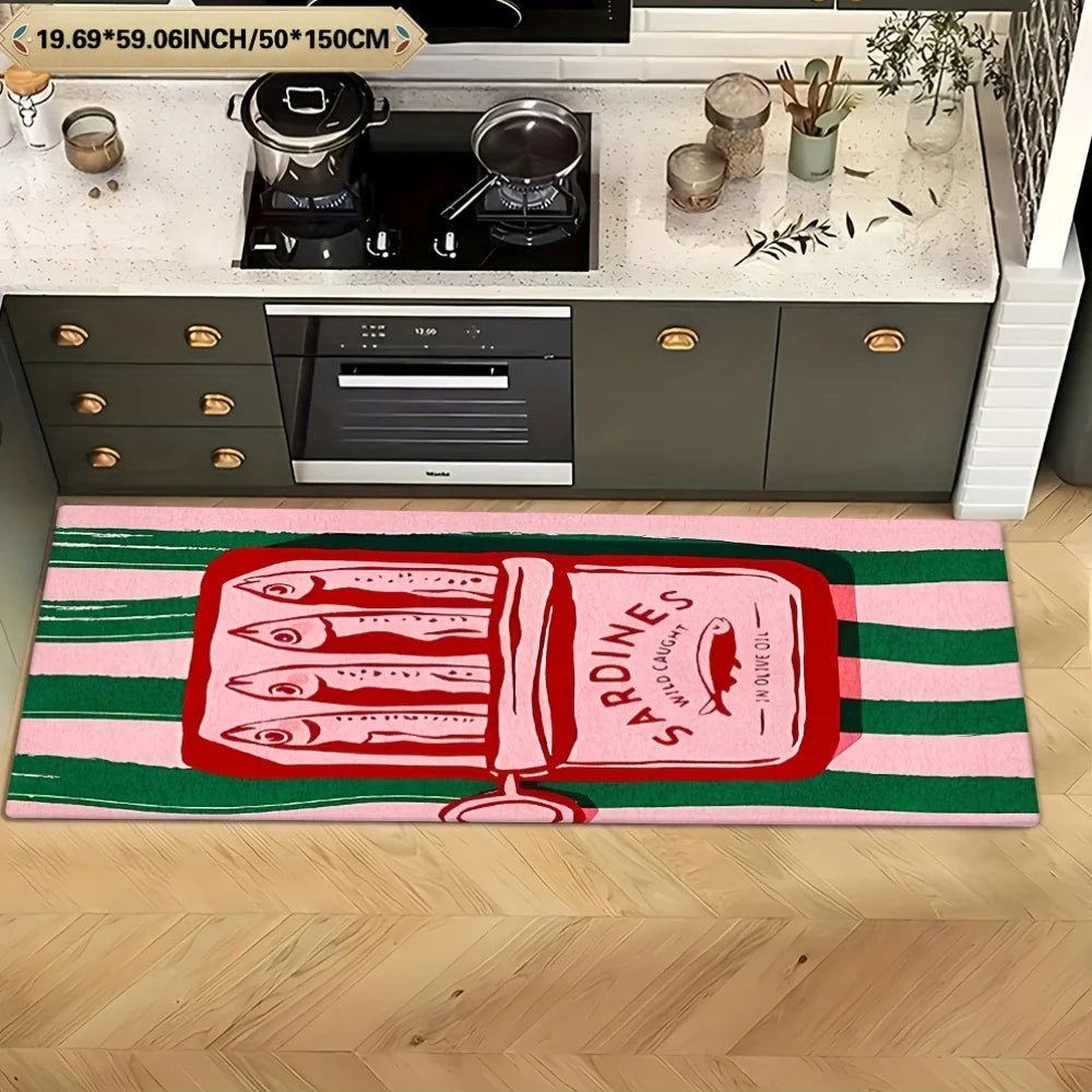 tapis moderne rayures vertes roses antidérapant flanelle polyester sardines illustration salle bain entrée