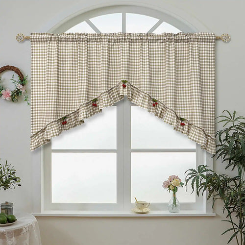 Rideau rétro en treillis blanc abricot avec motif cerises rouges pour petite fenêtre de cuisine
