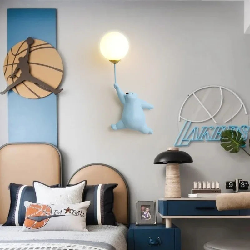 lampe murale moderne ours peluche blanche rose bleu adhésif cartoon chambre enfant