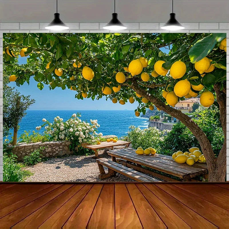 Poster mural paysage marin arbres fruitiers vert jaune bleu beige