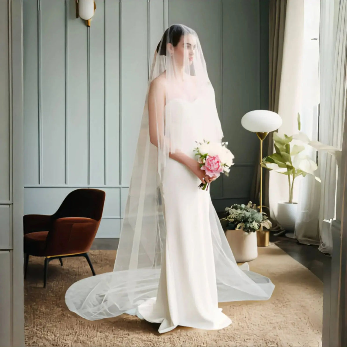 voile mariée blush deux niveaux cathédrale transparent élégant mariage demoiselle d'honneur