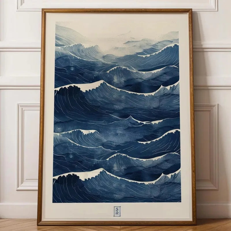 affiche murale toile abstraite ondes bleues moderne sans cadre salon wabi sabi