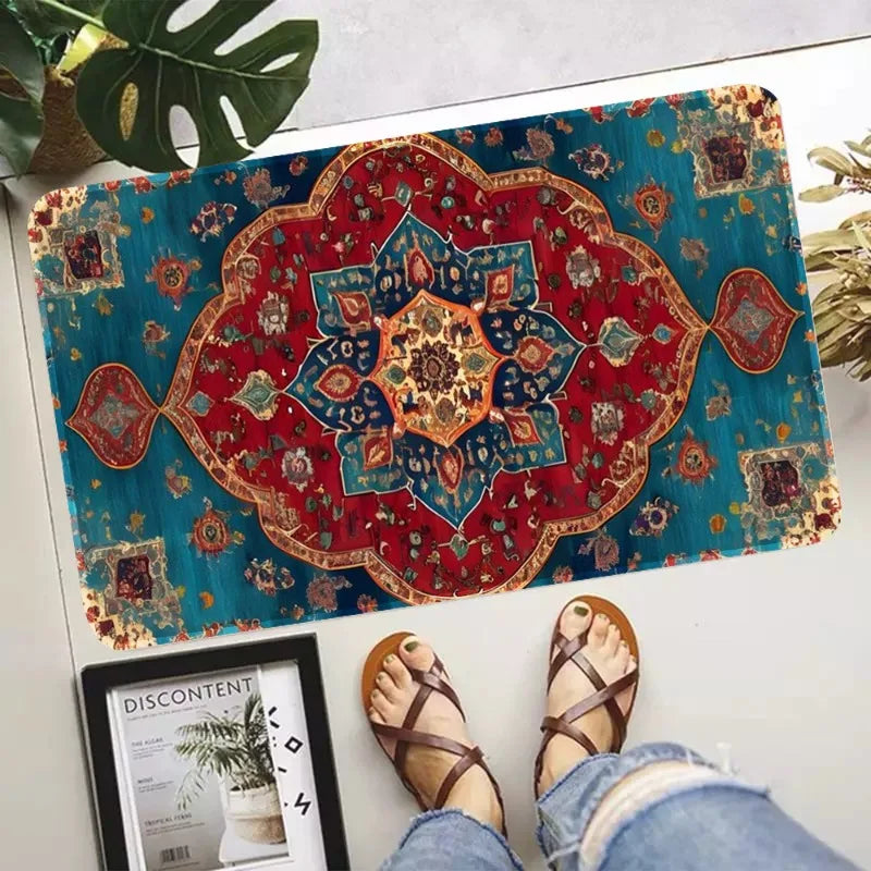 tapis antidérapant moderne persan motifs floraux salon bain rouge bleu beige