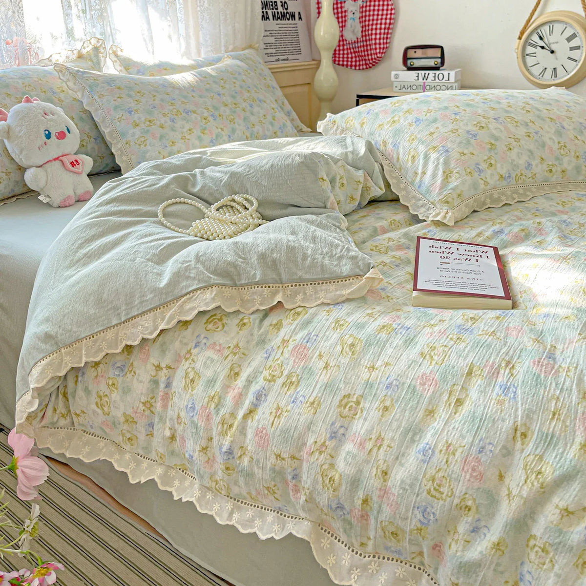 ensemble literie fleuri coton 100% blanc pastel romantique taies d'oreiller drap plat
