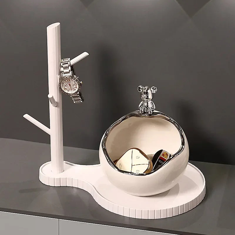 porte clés ours décoration moderne coupelle rangement bijoux accessoires blanc chrome argenté
