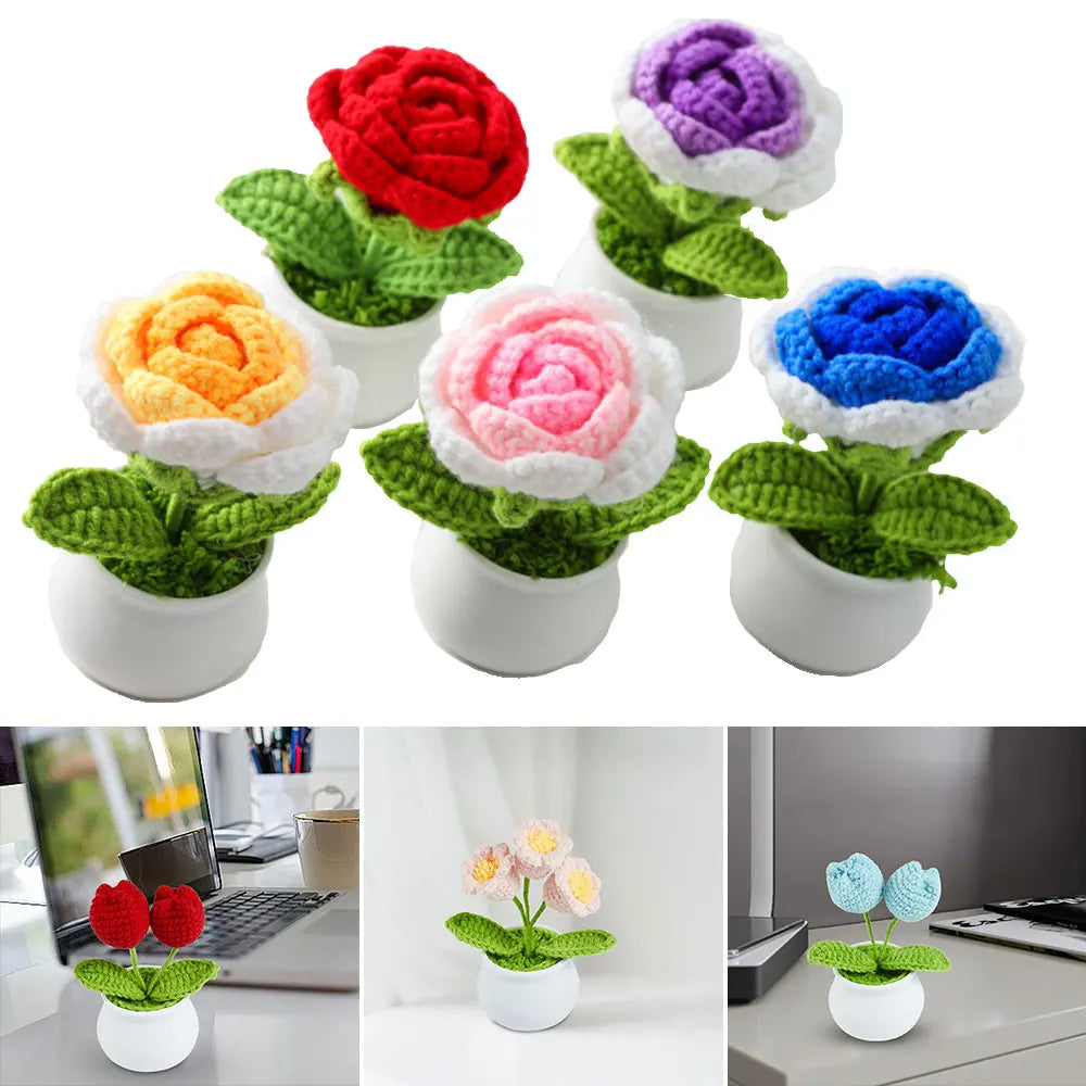 petite fleur artificielle tricotée main laine pot blanc décoration maison