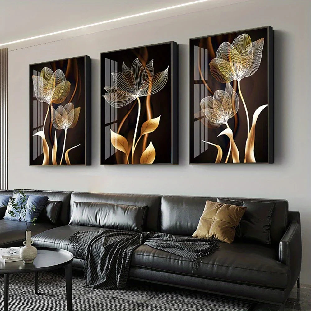toile d'art contemporaine abstraite fleurs noires dorées salon décoration intérieure horizontal sans cadre 50x70cm