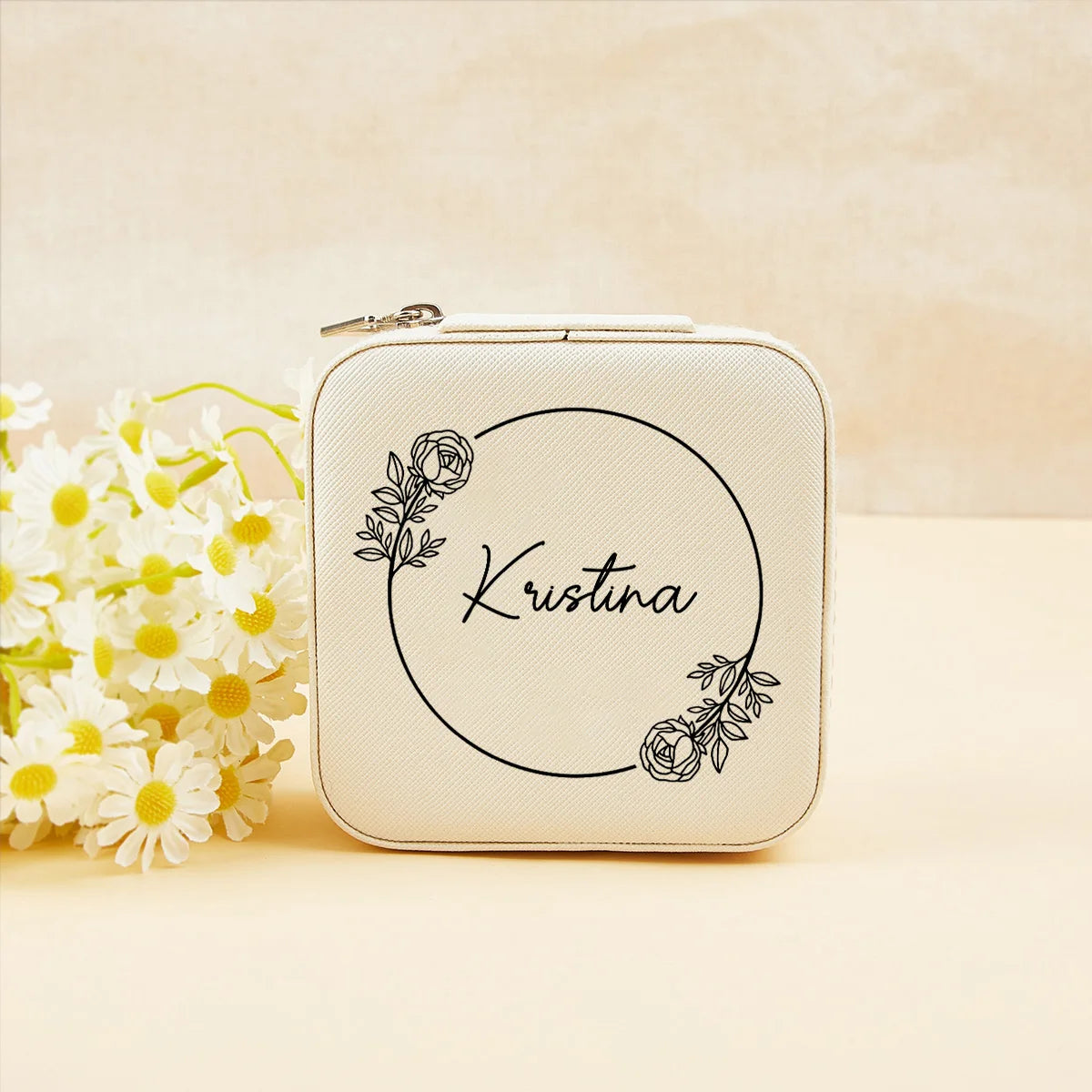 boîte bijoux personnalisation fleurs blanc rose vert moderne élégant zip 10x10cm