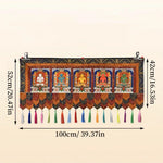 tapisserie décorative bouddhiste brodée motifs religieux ornements floraux pompons clips métalliques bleu rouge or