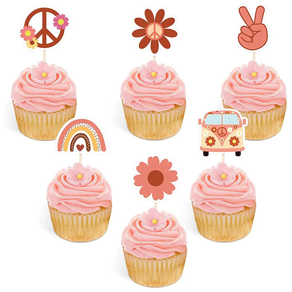 picks cupcakes fleurs paix arc ciel bus rouge orange beige jaune vert bleu vintage