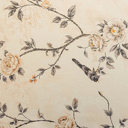 rideau élégant beige motifs floraux oiseaux pivoine vintage occultant salon chambre moderne polyester