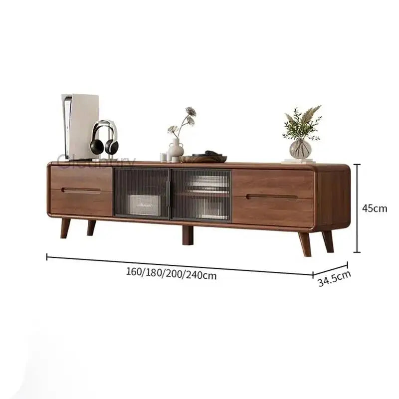 meuble tv moderne console basse marron foncé tiroirs étagères semi transparent bois scandinave
