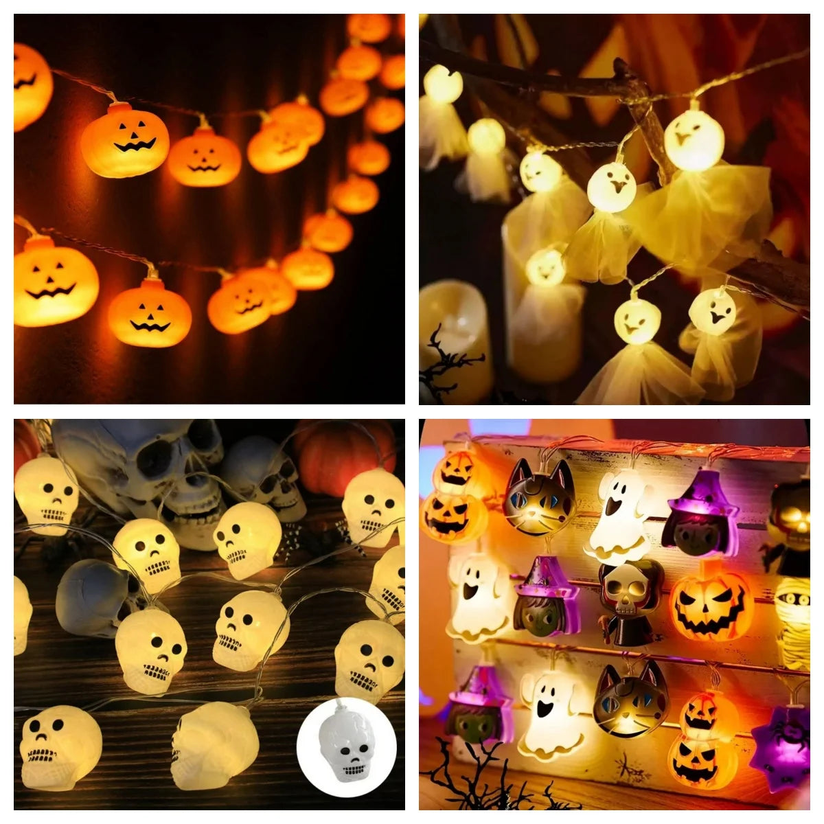guirlande lumineuse halloween orange blanc noir citrouilles fantômes yeux chats squelettes 3v led piles