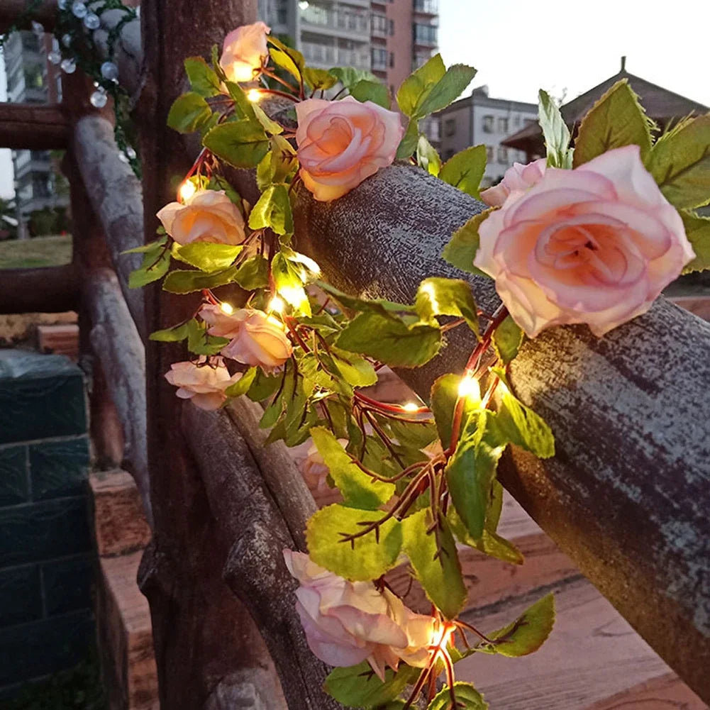 guirlande lumineuse fleurs artificielles rose feuilles vertes adhésif solaire led 5m 16.4ft 50leds