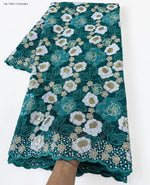 tissu dentelle brodée fleurs sequins bleu marine turquoise violet rose blanc mariage écologique