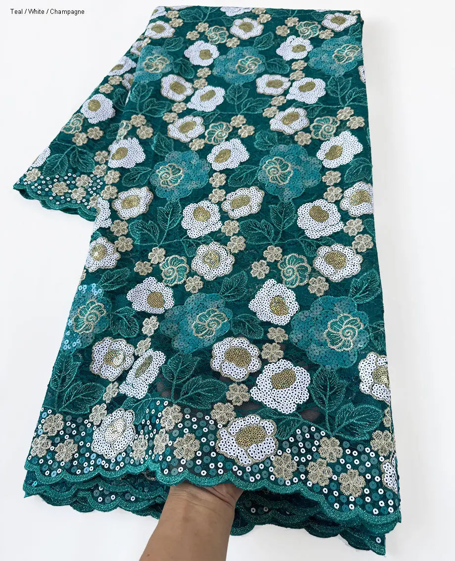 tissu dentelle brodée fleurs sequins bleu marine turquoise violet rose blanc mariage écologique