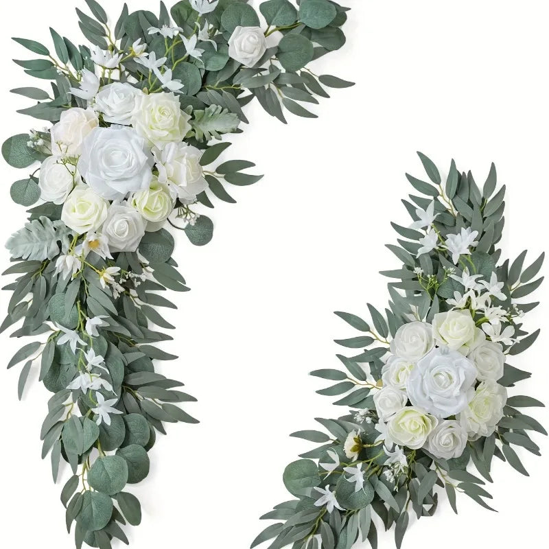 Guirlande florale artificielle romantique roses pivoines feuilles vertes blanc vert mariage decorationextérieur