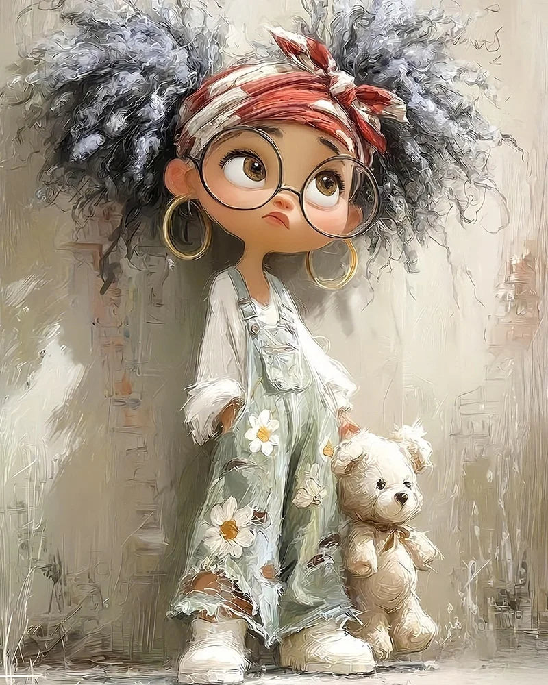 toile peinte fille ours fleurs motifs géométriques art contemporain kit débutants adultes crafts