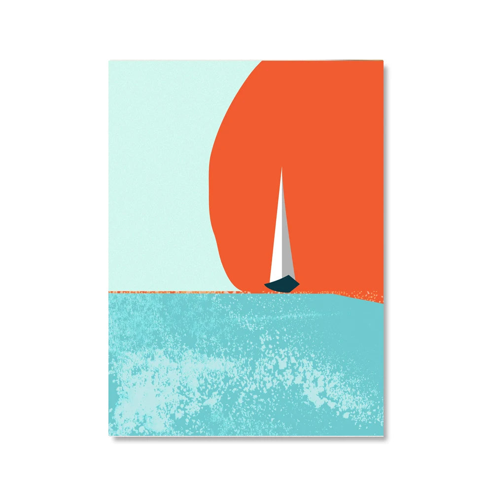 affiche moderne bateau voile couchant soleil océan paysage abstrait toile rectangle horizontal minimaliste decoration
