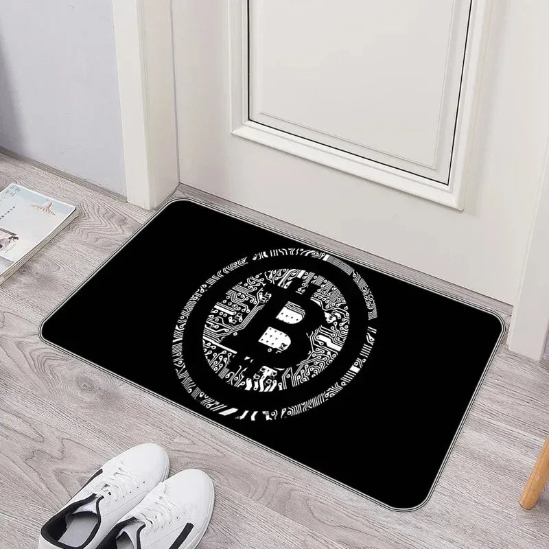 tapis d'entrée moderne motif bitcoin bleu noir doré antidérapant intérieur salon maison décoratif