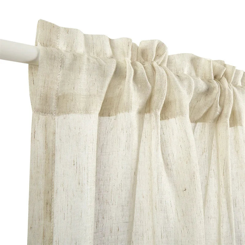 rideaux porte blanc cassé semi transparent texture lin rustique deux panneaux ceinture assortie