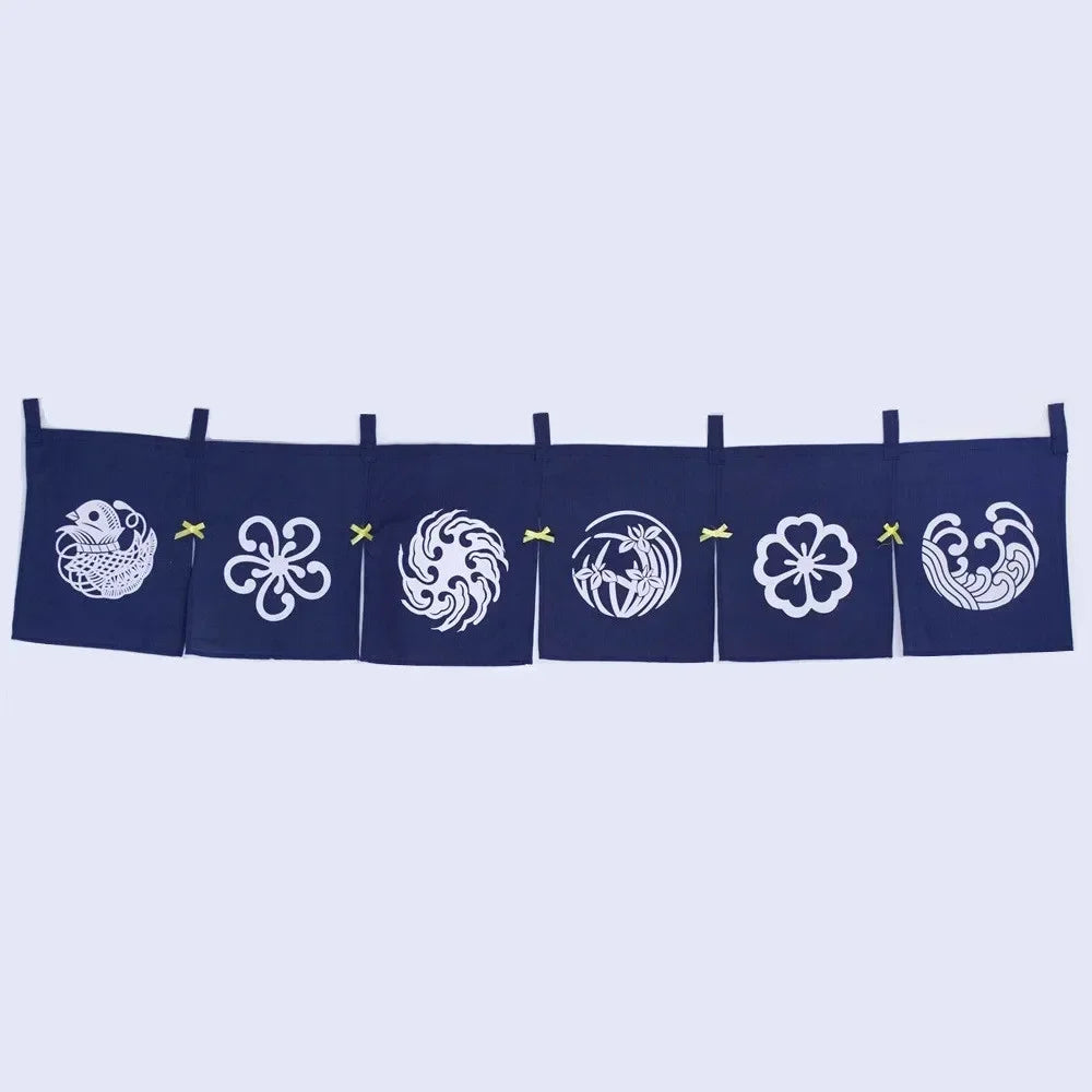 rideau porte horizontal japonais motifs floraux animaux bleu marine traditionnel opacité decoration interieur