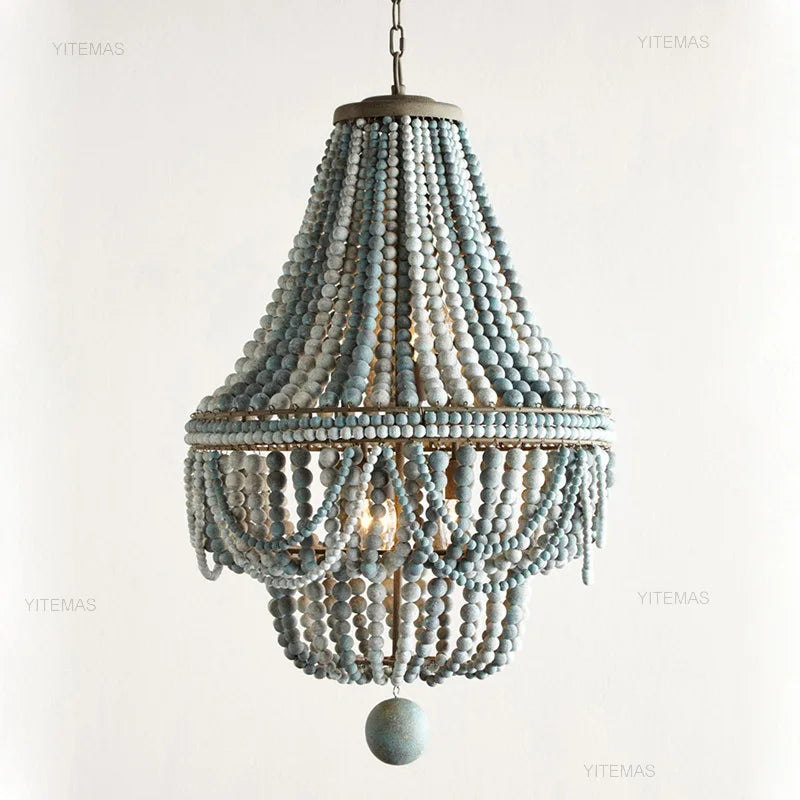 lustre vintage blanc bleu gris bois lumières chaîne métallique