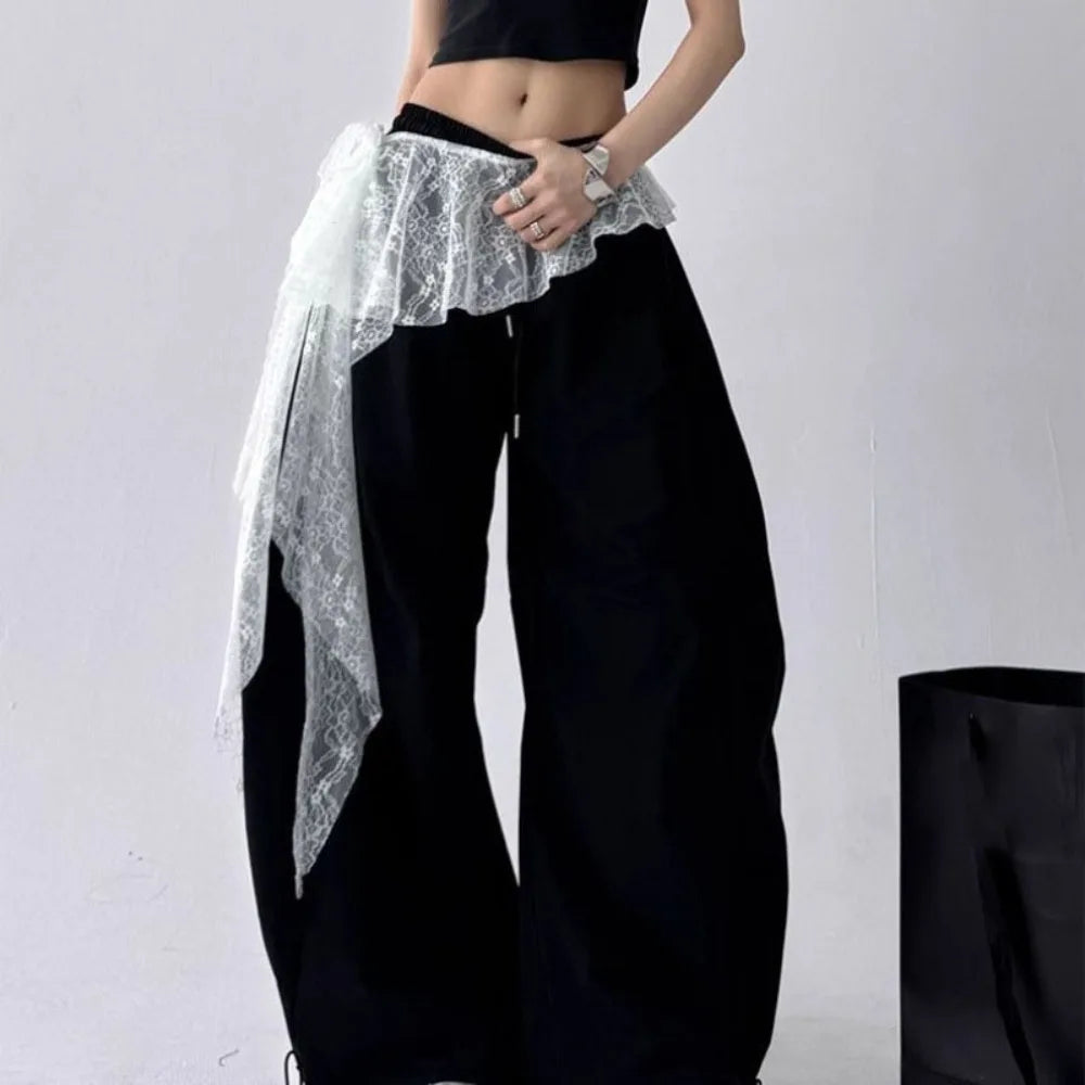 pantalon femme dentelle blanche moderne décontracté élastique taille noir blanc