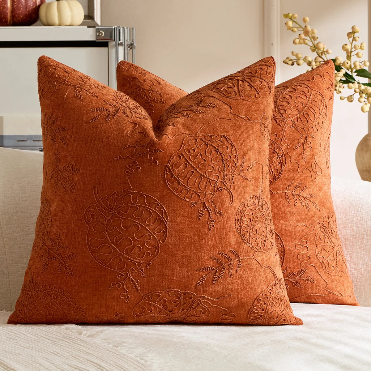 taie d'oreiller jacquard brodé feuille d'érable orange beige maison décoration halloween thanksgiving moderne sans
