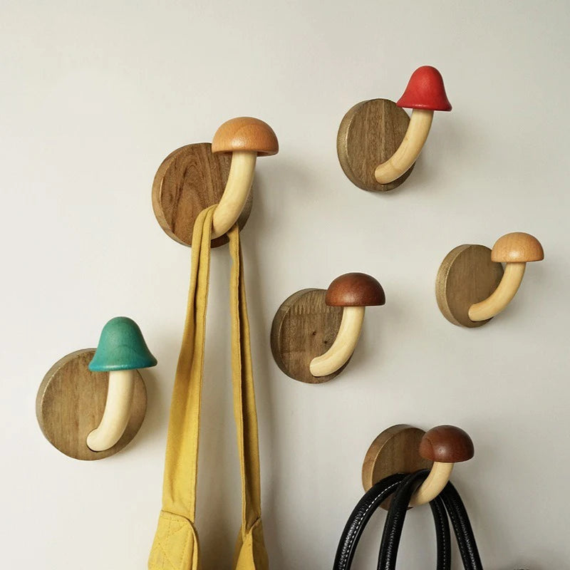 porte sacs champignon adhésif moderne bois naturel vert marron clair rouge minimaliste