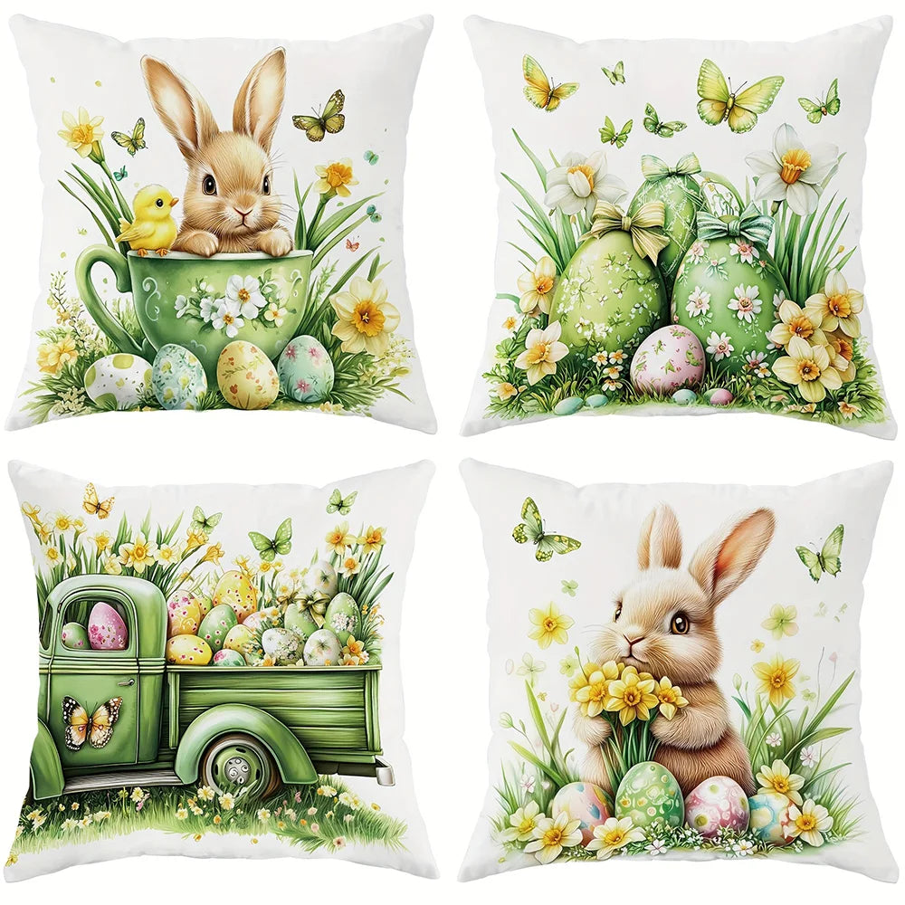 taies d'oreiller lapins pâques fleurs printemps coussin maison polyester blanc vert
