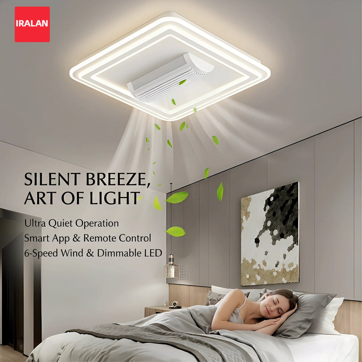 ventilateur led moderne blanc invisible télécommande couleurs changeantes élégant fixations invisibles